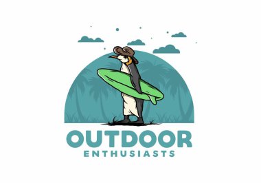 Hindistancevizi ağaçları arasında sörf tahtası taşıyan sevimli penguen tasviri