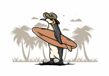 Hindistancevizi ağaçları arasında sörf tahtası taşıyan sevimli penguen tasviri