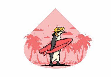 Hindistancevizi ağaçları arasında sörf tahtası taşıyan sevimli penguen tasviri