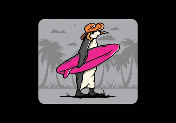 Illustratie Van Schattige Pinguïn Met Een Surfplank Tussen Kokosbomen — Stockvector