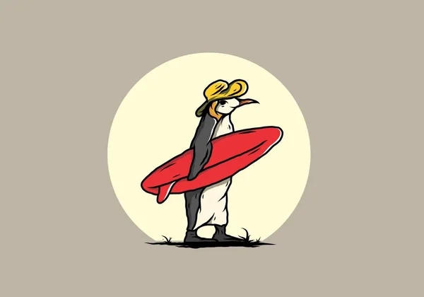 Ilustración Del Lindo Pingüino Llevando Una Tabla Surf Entre Cocoteros — Vector de stock