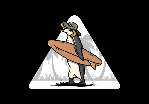Ilustracja Cute Pingwina Niosącego Deskę Surfingową Między Drzewami Kokosowymi — Wektor stockowy