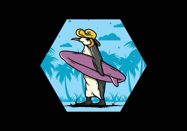 Ilustración Del Lindo Pingüino Llevando Una Tabla Surf Entre Cocoteros — Archivo Imágenes Vectoriales