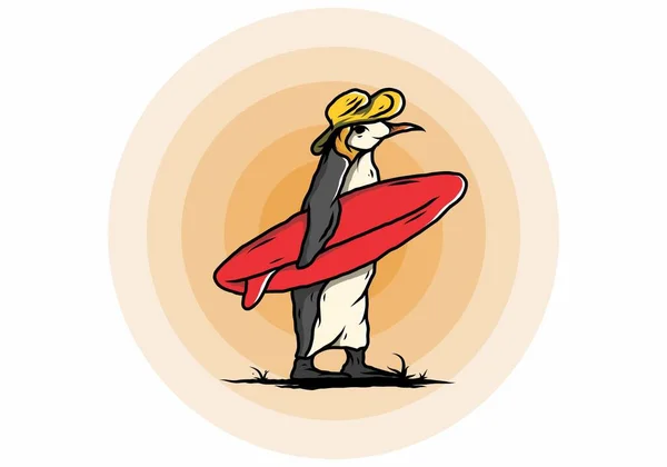 Illustration Des Niedlichen Pinguins Der Ein Surfbrett Zwischen Kokospalmen Trägt — Stockvektor