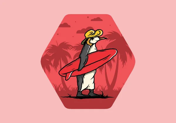 Illustration Cute Penguin Carrying Surfboard Coconut Trees — Stock Vector