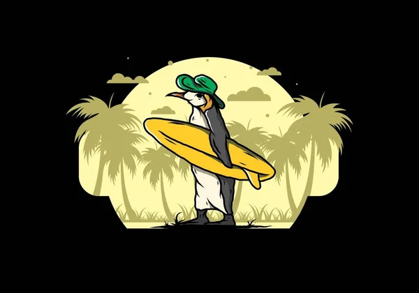 Illustration Cute Penguin Carrying Surfboard Coconut Trees — Stock Vector