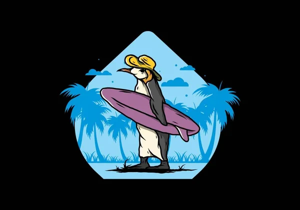 Illustratie Van Schattige Pinguïn Met Een Surfplank Tussen Kokosbomen — Stockvector