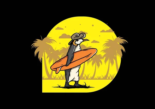Illustration Des Niedlichen Pinguins Der Ein Surfbrett Zwischen Kokospalmen Trägt — Stockvektor