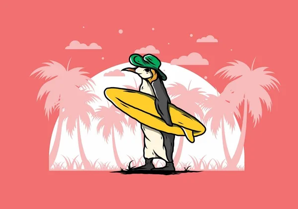 Illustratie Van Schattige Pinguïn Met Een Surfplank Tussen Kokosbomen — Stockvector