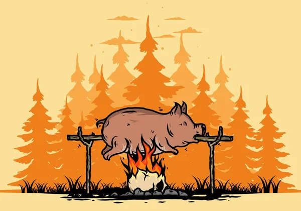 Vintage Color Pork Roast Fire Illustration Design — Stock Vector