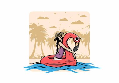 Flamingo şişme bir cankurtaran şamandırasında plaj şapkası takan bir kızın tasarımı.