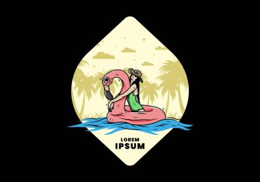 Flamingo şişme bir cankurtaran şamandırasında plaj şapkası takan bir kızın tasarımı.