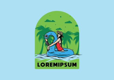 Flamingo şişme bir cankurtaran şamandırasında plaj şapkası takan bir kızın tasarımı.