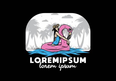 Flamingo şişme bir cankurtaran şamandırasında plaj şapkası takan bir kızın tasarımı.