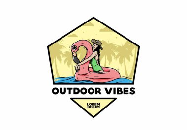 Flamingo şişme bir cankurtaran şamandırasında plaj şapkası takan bir kızın tasarımı.