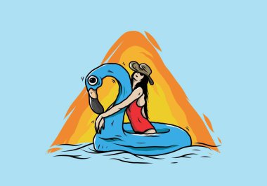 Flamingo şişme bir cankurtaran şamandırasında plaj şapkası takan bir kızın tasarımı.