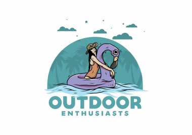 Flamingo şişme bir cankurtaran şamandırasında plaj şapkası takan bir kızın tasarımı.