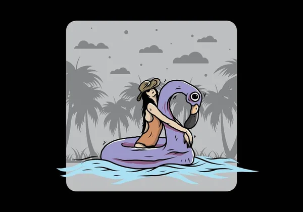 Ілюстрований Малюнок Дівчини Пляжного Капелюха Надувному Житті Фламінго — стоковий вектор