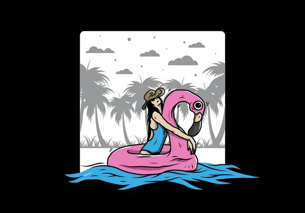 Ilustracja Projektu Dziewczyny Noszącej Czapkę Plażową Nadmuchiwanym Płaszczu Ratunkowym Flamingo — Wektor stockowy
