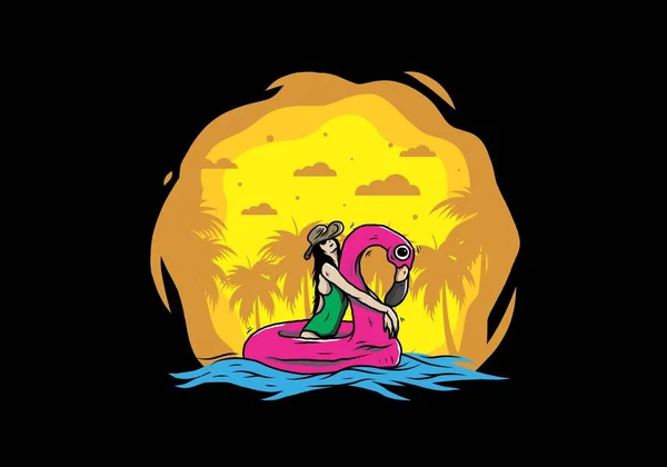 在充气救生圈Flamingo中戴海滩帽的女孩的图解设计 — 图库矢量图片