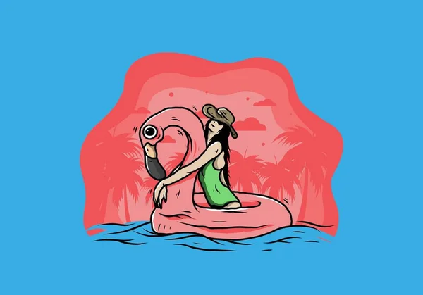 Flamingo Şişme Bir Cankurtaran Şamandırasında Plaj Şapkası Takan Bir Kızın — Stok Vektör