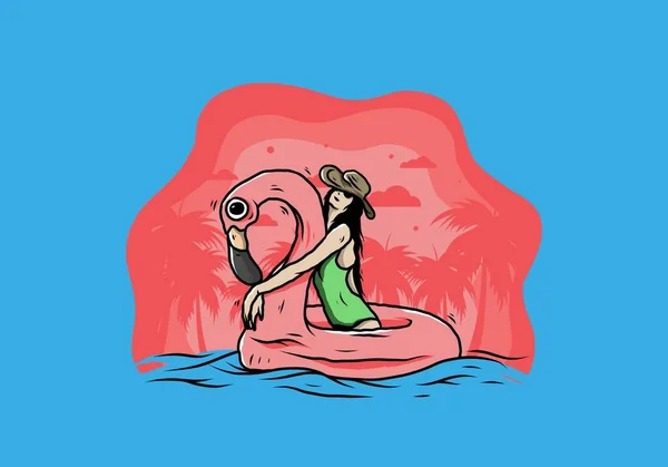 Illustration Design Flicka Bär Strand Hatt Uppblåsbar Livboj Flamingo — Stock vektor