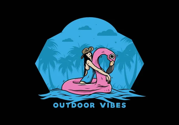 Illustration Design Flicka Bär Strand Hatt Uppblåsbar Livboj Flamingo — Stock vektor