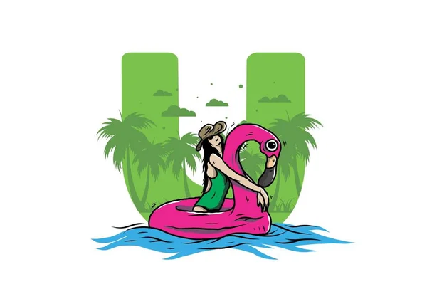 Illustrationsentwurf Eines Mädchens Mit Strandhut Einem Aufblasbaren Rettungsring Flamingo — Stockvektor