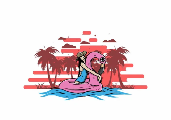 Illustrationsentwurf Eines Mädchens Mit Strandhut Einem Aufblasbaren Rettungsring Flamingo — Stockvektor