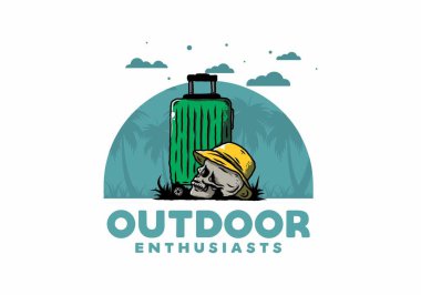 Seyahat eden bir valizin altına şapka takan bir kafatası tasarımı.