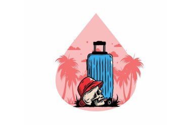 Seyahat eden bir valizin altına şapka takan bir kafatası tasarımı.