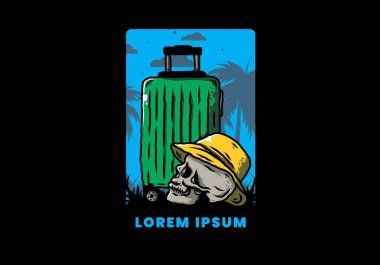 Seyahat eden bir valizin altına şapka takan bir kafatası tasarımı.