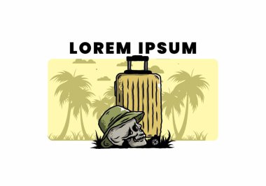 Seyahat eden bir valizin altına şapka takan bir kafatası tasarımı.