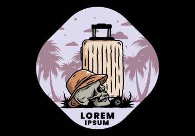 Seyahat eden bir valizin altına şapka takan bir kafatası tasarımı.