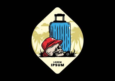 Seyahat eden bir valizin altına şapka takan bir kafatası tasarımı.