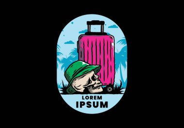 Seyahat eden bir valizin altına şapka takan bir kafatası tasarımı.