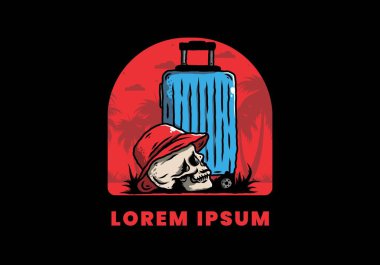 Seyahat eden bir valizin altına şapka takan bir kafatası tasarımı.