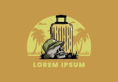 Seyahat eden bir valizin altına şapka takan bir kafatası tasarımı.