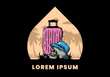 Seyahat eden bir valizin altına şapka takan bir kafatası tasarımı.