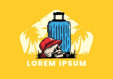 Seyahat eden bir valizin altına şapka takan bir kafatası tasarımı.