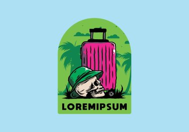 Seyahat eden bir valizin altına şapka takan bir kafatası tasarımı.