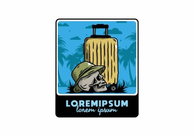 Seyahat eden bir valizin altına şapka takan bir kafatası tasarımı.