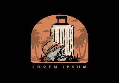 Seyahat eden bir valizin altına şapka takan bir kafatası tasarımı.