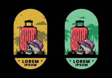 Seyahat eden bir valizin altına şapka takan bir kafatası tasarımı.