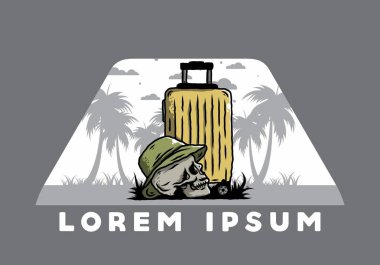 Seyahat eden bir valizin altına şapka takan bir kafatası tasarımı.