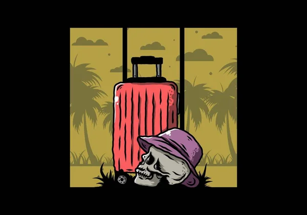 旅行用スーツケースの下に帽子をかぶった頭蓋骨の頭のイラストデザイン — ストックベクタ