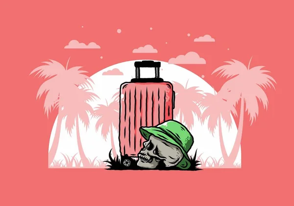 Illustration Design Skull Head Wearing Hat Traveling Suitcase — Stock Vector