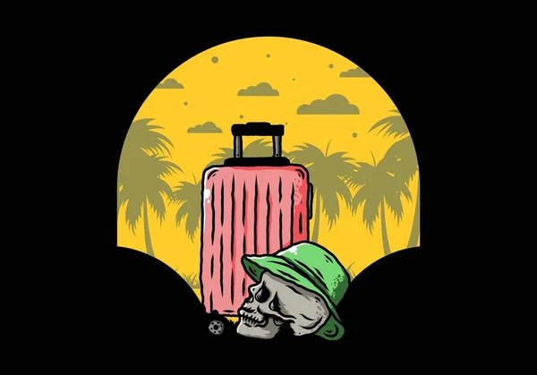 Illustration Une Tête Crâne Portant Chapeau Sous Une Valise Voyage — Image vectorielle