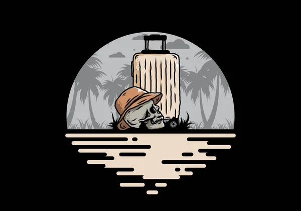 Illustration Une Tête Crâne Portant Chapeau Sous Une Valise Voyage — Image vectorielle