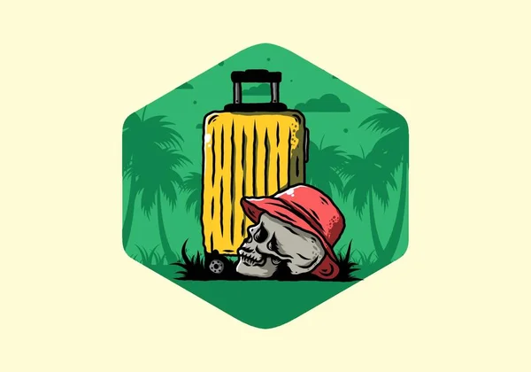 Illustration Design Skull Head Wearing Hat Traveling Suitcase — Stock Vector